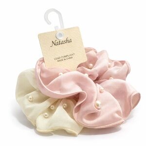 Natasha Pink & Cream Satin Pearl Hair Scrunchie Set